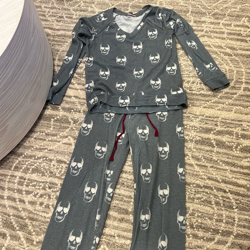 PJ Salvage Gray Skull Print Pajama Set with White Skulls and Maroon Drawstring